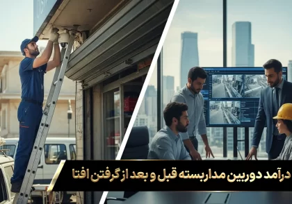 تصویر مقایسه‌ای قبل و بعد از اخذ گواهینامه افتا: در یک سو تکنسین در حال نصب دوربین برای مغازه، در سوی دیگر تیم مهندسی در حال بررسی یک پروژه بزرگ سازمانی.