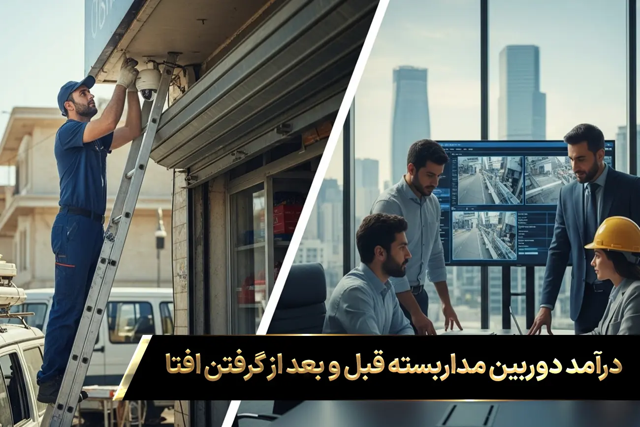 تصویر مقایسه‌ای قبل و بعد از اخذ گواهینامه افتا: در یک سو تکنسین در حال نصب دوربین برای مغازه، در سوی دیگر تیم مهندسی در حال بررسی یک پروژه بزرگ سازمانی.