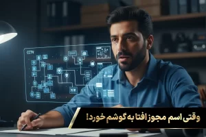 یک متخصص دوربین مداربسته با چهره ای متمرکز در حال بررسی یک فلوچارت پیچیده هولوگرافیک از استانداردهای امنیتی است؛ این تصویر، لحظه ی اولیه آشنایی با الزامات گواهینامه افتا و درک پتانسیل آن برای افزایش درامد افتا را نشان میدهد.